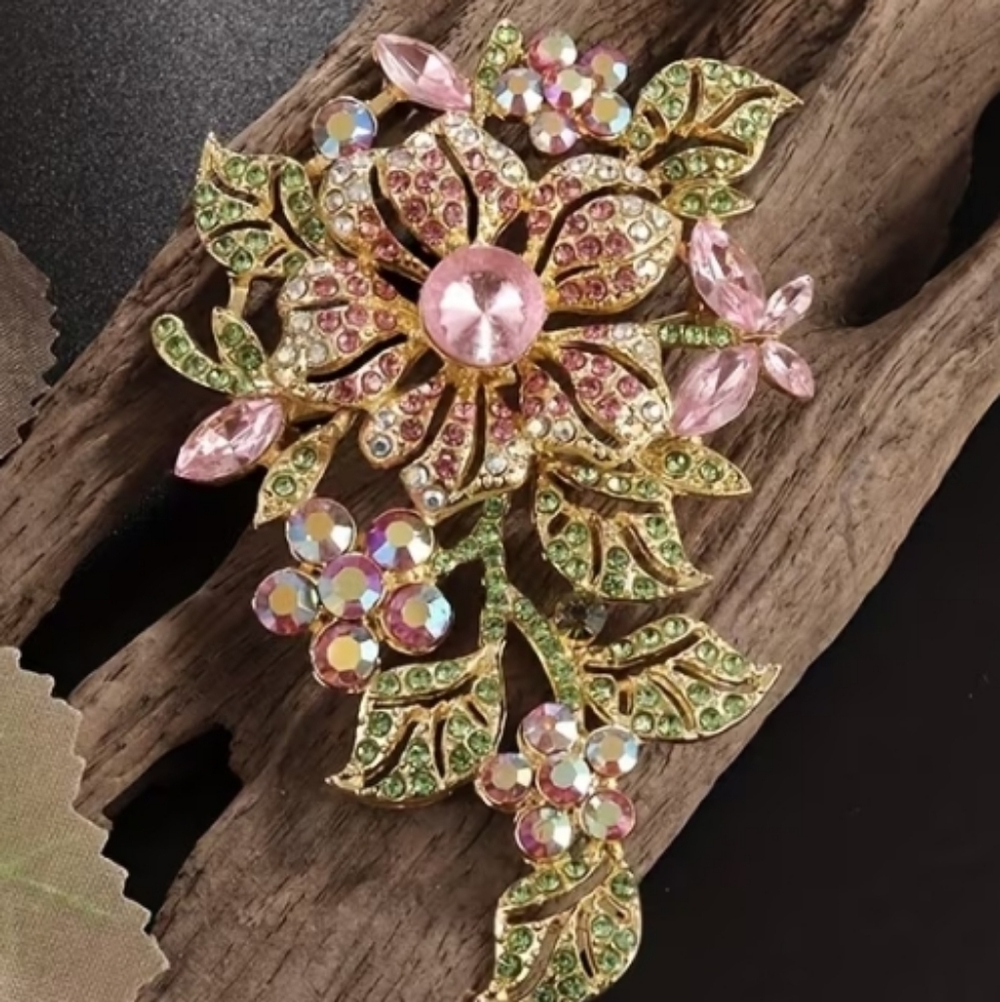 Large Elegant Floral Gold and Pink Brooch